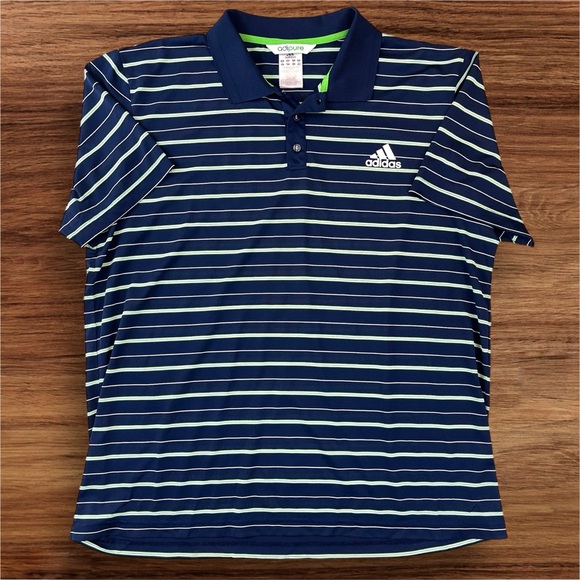 Adidas Men’s AdiPure Golf Polo. Blue - Green/White Stripes. Size 2XL - Picture 2 of 12